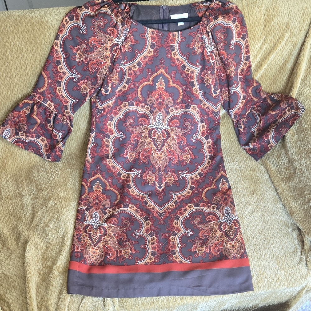 New York & Company Brown Sheath Dress with 3/4 Bishop Sleeves